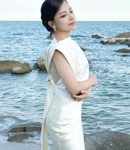 Floral Short Sleeve Silk Dress - White
