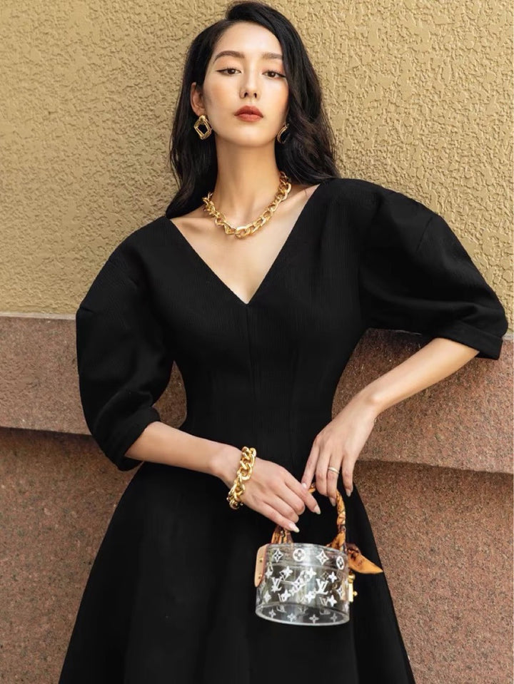 V-neck Chiffon Midi Dress - Black