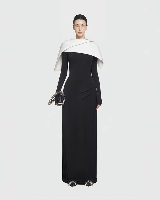 Asymmetric Knit Maxi Dress - Black and White