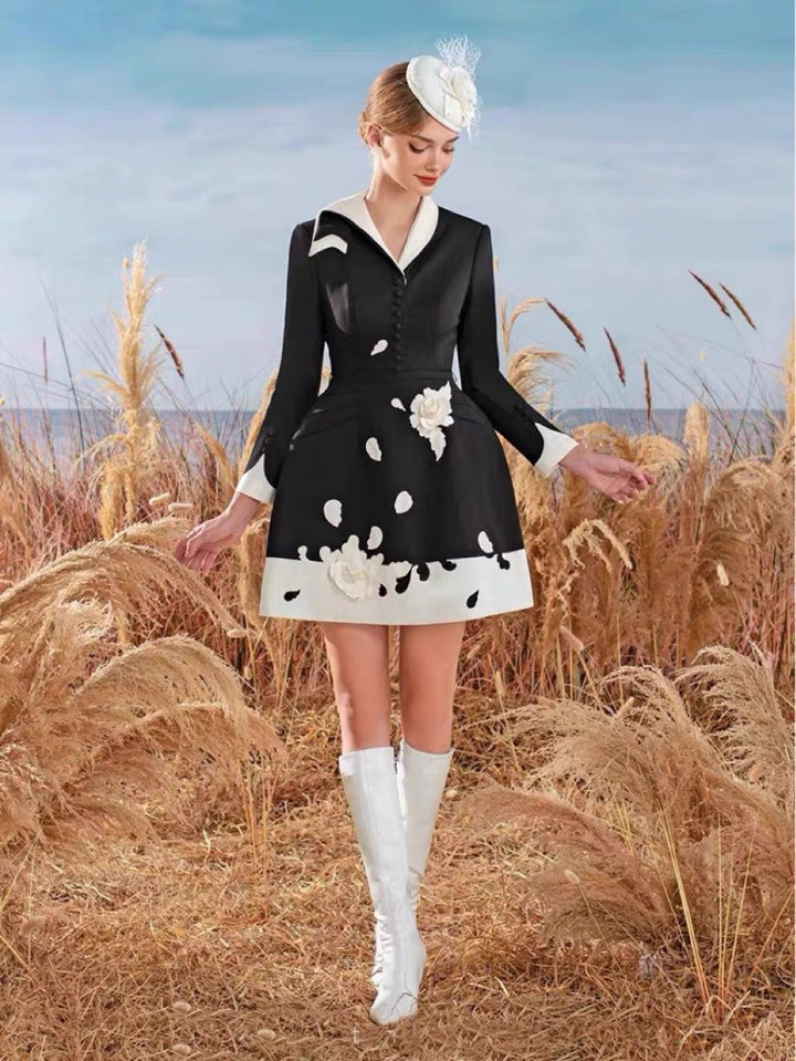 Embroidered applique a-line dress black and white color clash design asymmetric neckline dress sub