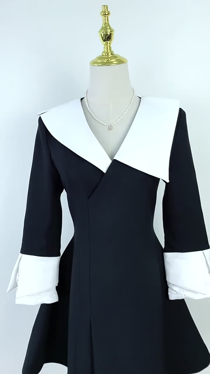 French Luxury Hepburn Style Contrast Color V-neck Slimming Long Sleeve A-line Dress
