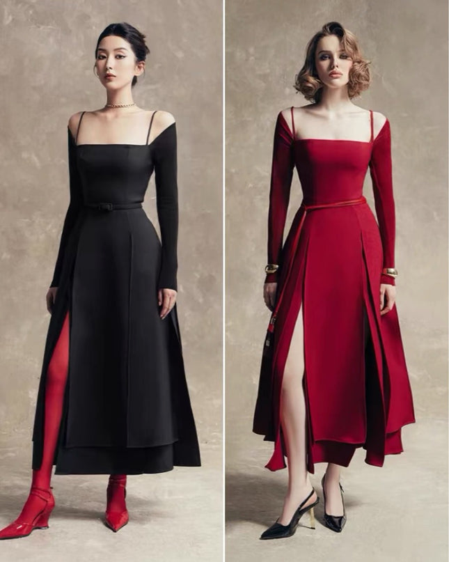 Off Shoulder Satin High Slit Dress - Red