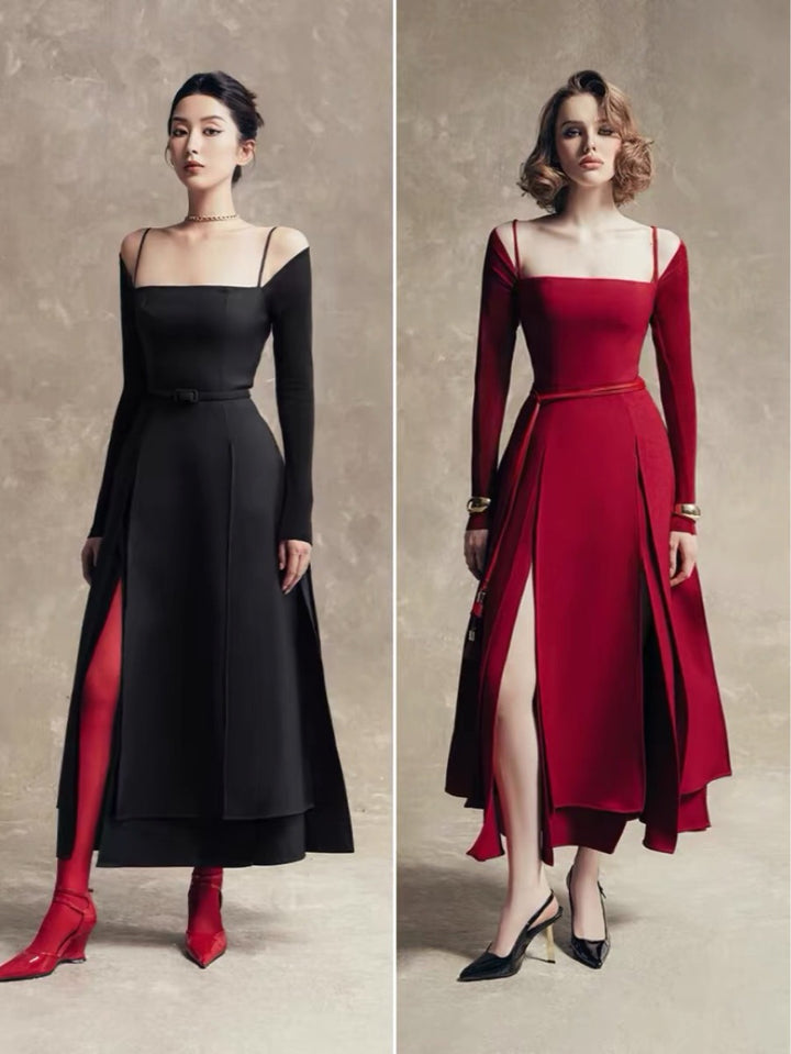Off Shoulder Satin High Slit Dress - Red