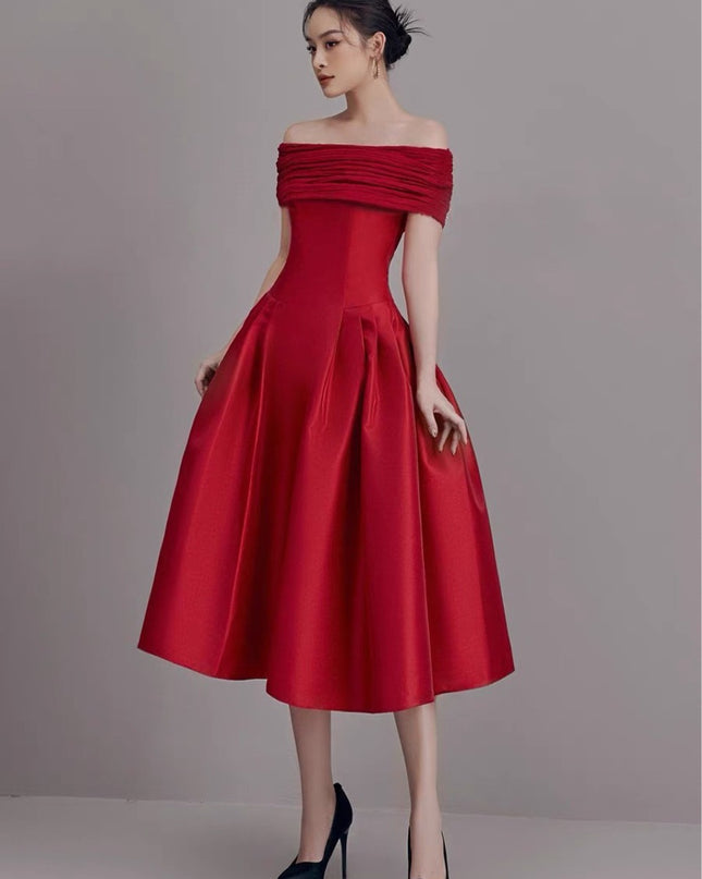 Satin Ruched Off Shoulder Dress - Red