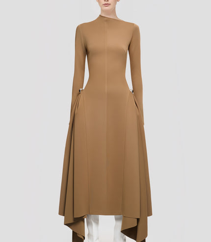 High-Waisted Asymmetrical Full-Sleeve Dress - Deep Green