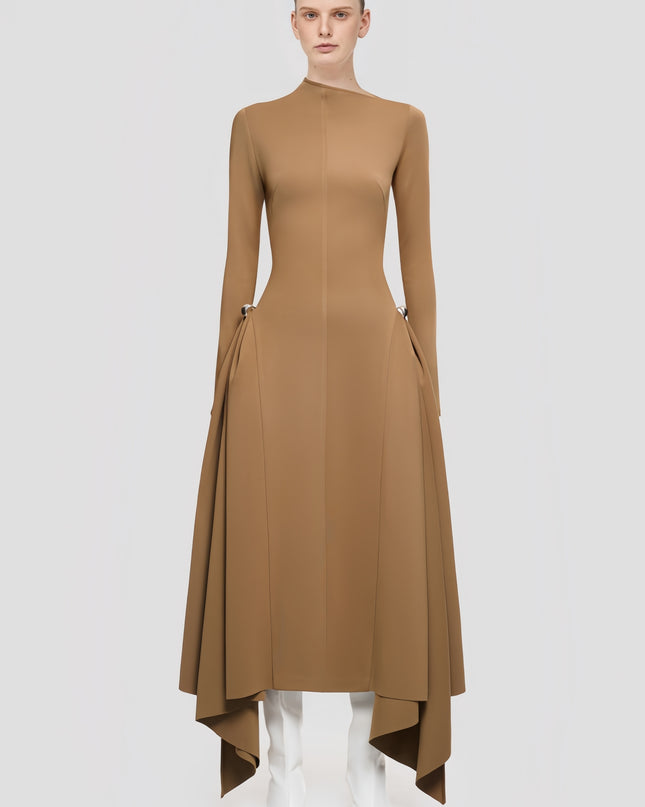 High-Waisted Asymmetrical Full-Sleeve Dress - Deep Green