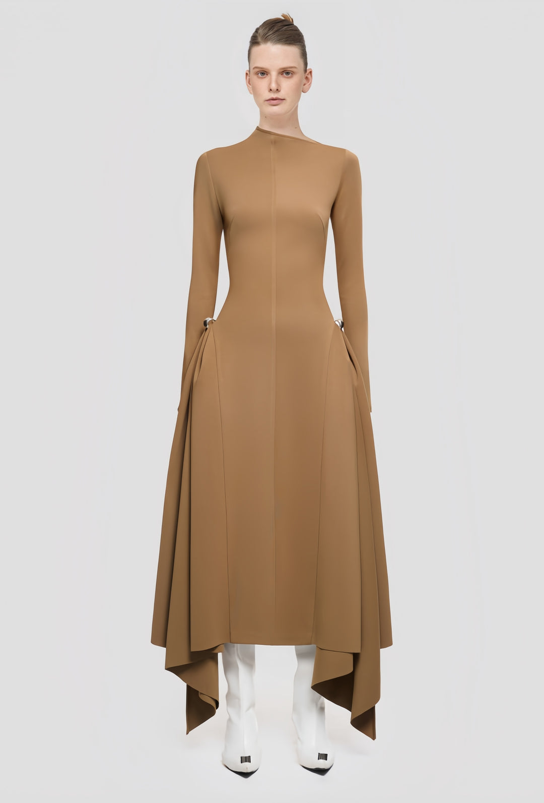 High-Waisted Asymmetrical Full-Sleeve Dress - Deep Green