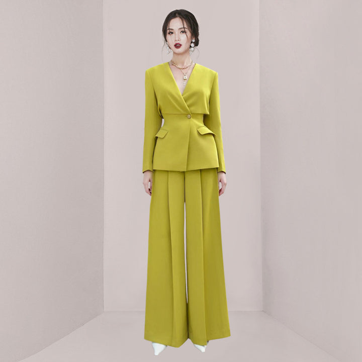 Elegant Green Dress Suit Set 2024 | V-Neck Women's Outfit