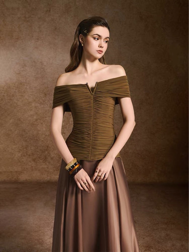 Elegant Beige Sleeveless Dress with Pleated Design and Gold Buttons