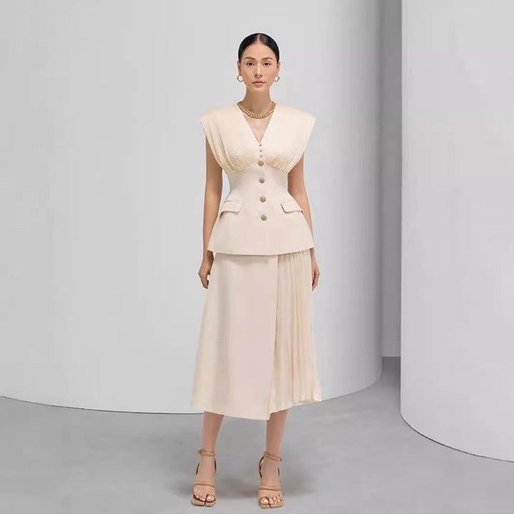 Elegant Beige Sleeveless Dress with Pleated Design and Gold Buttons