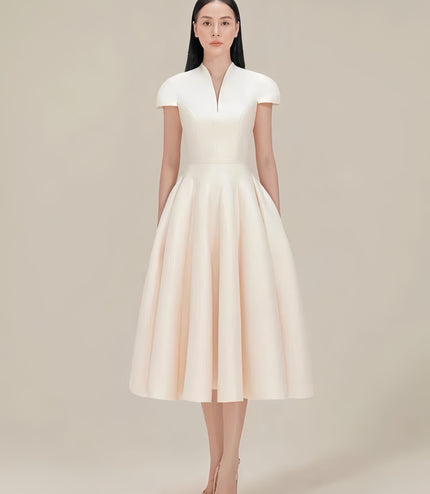 Cinched Crepe Pleated Dress - Champagne