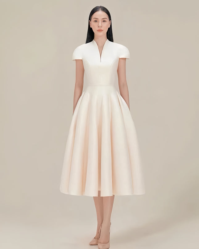 Cinched Crepe Pleated Dress - Champagne