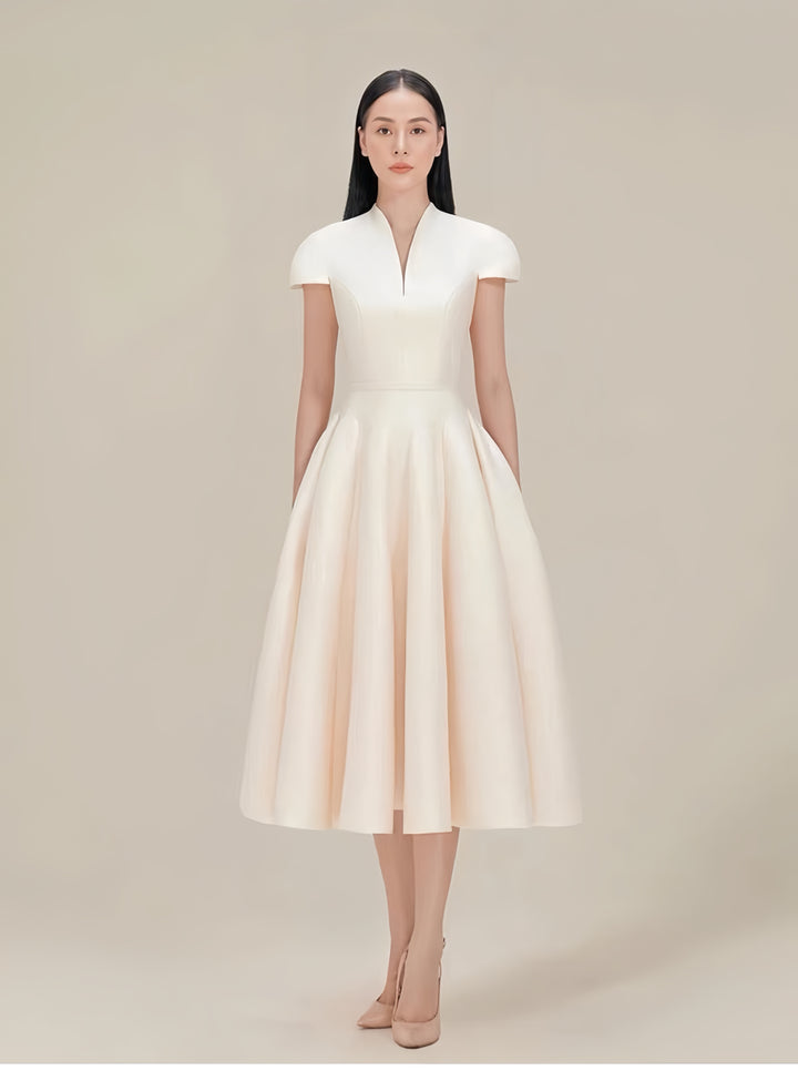 Cinched Crepe Pleated Dress - Champagne