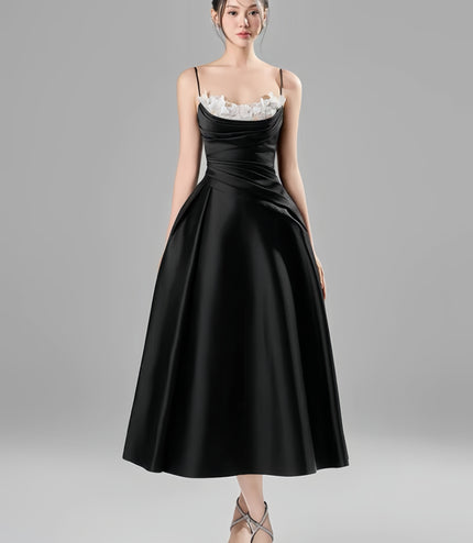 Off Shoulder Crepe Flowy Dress - Black