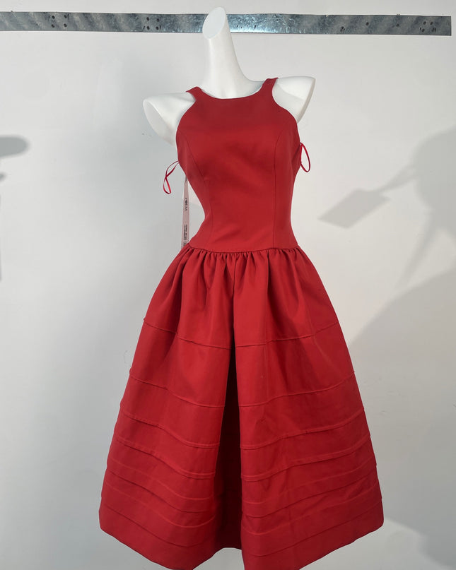 Sleeveless Crepe Pleated Midi Dress - Red