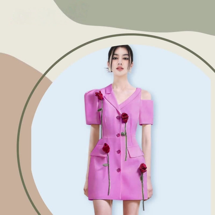 Elegant 3D Rose Asymmetrical Shoulder Dress | Unique Summer Fashion