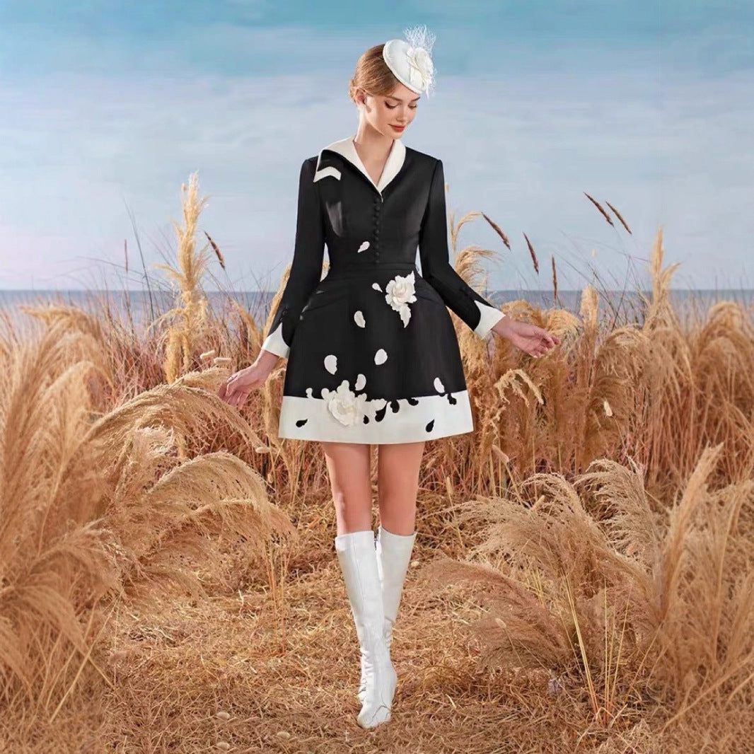 Embroidered applique a-line dress black and white color clash design asymmetric neckline dress sub