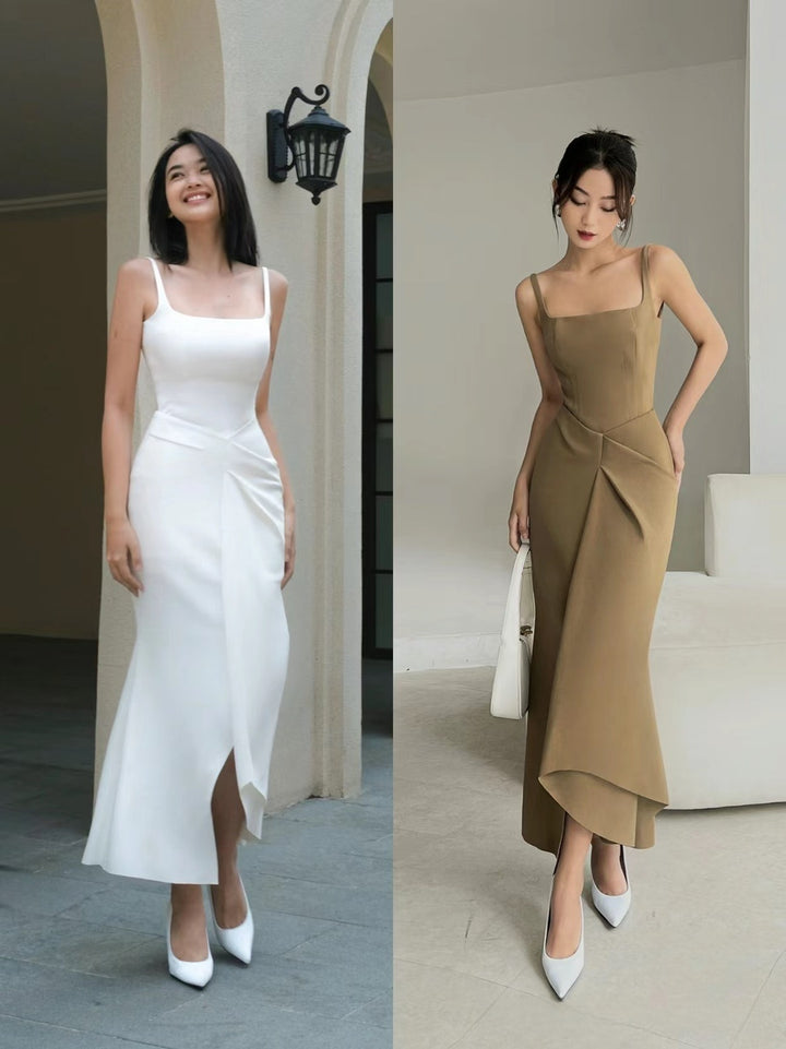 Off Shoulder Crepe Maxi Dress-Khaki