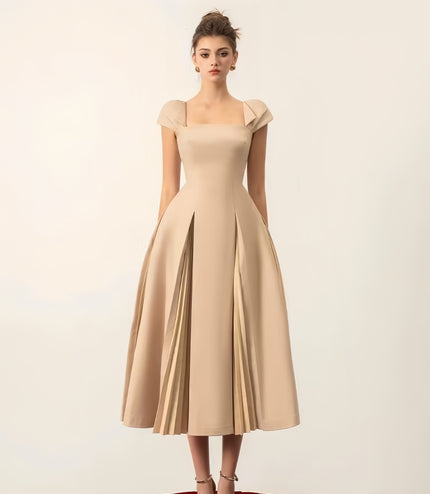 Cinched Crepe Pleated Dress - apricot