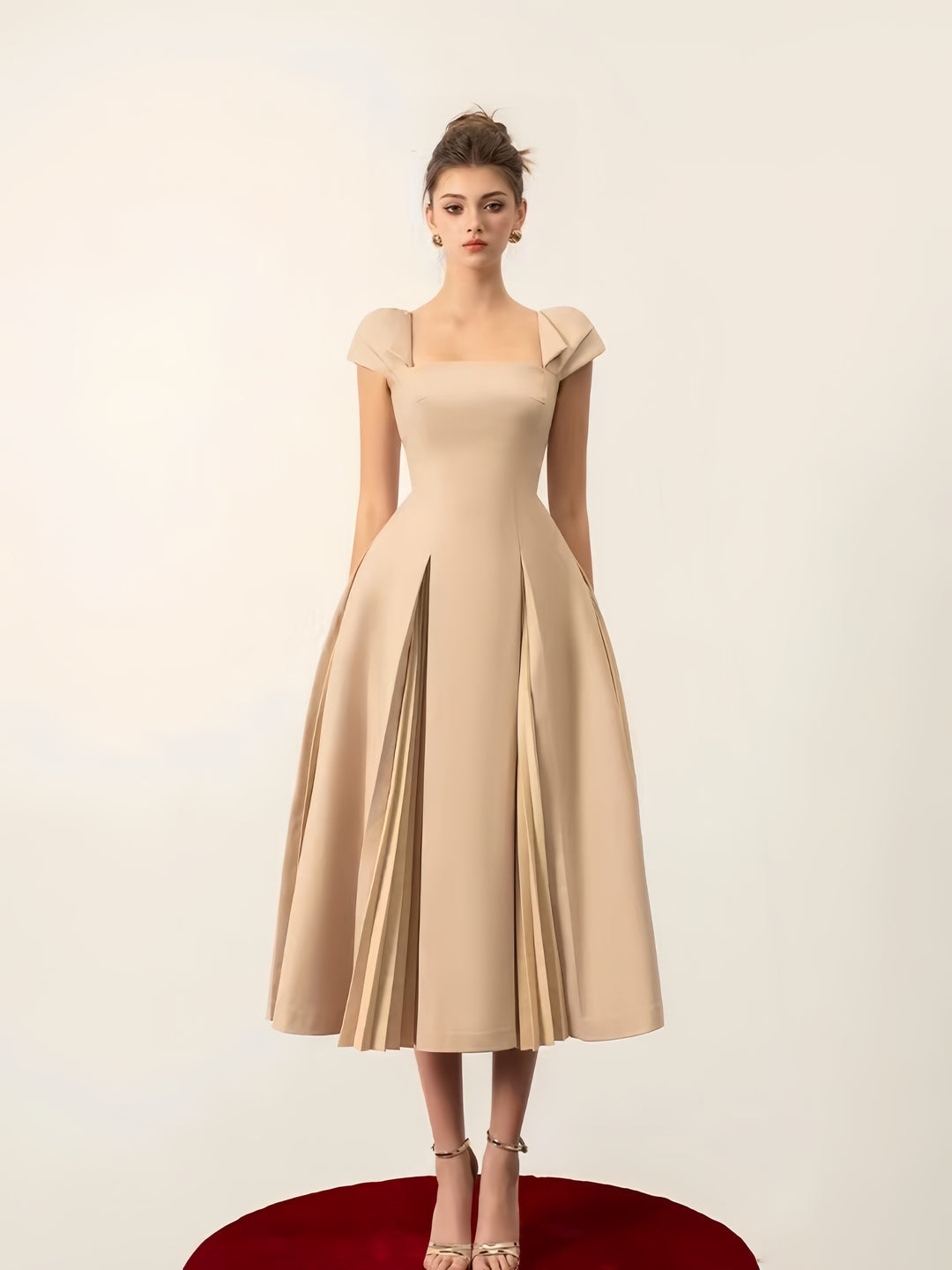 Cinched Crepe Pleated Dress - apricot