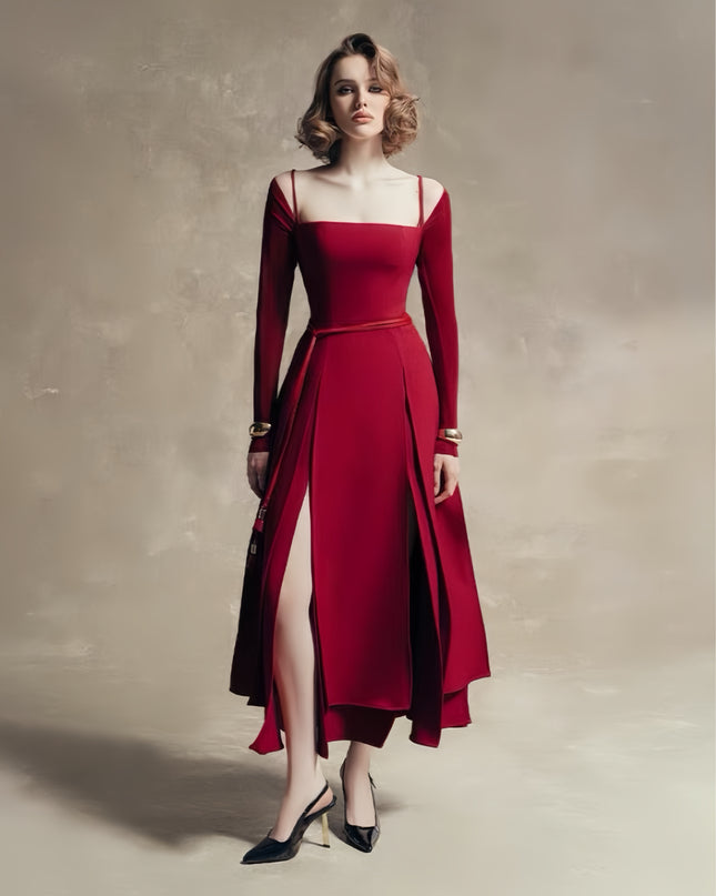 Off Shoulder Satin High Slit Dress - Red