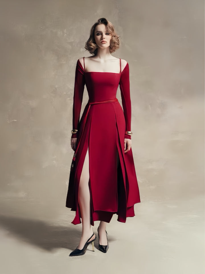 Off Shoulder Satin High Slit Dress - Red