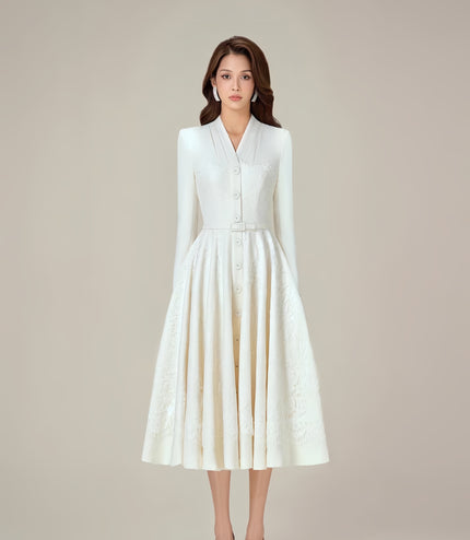 Formal Long-Sleeved Waist Dress - White