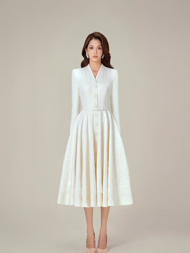 Formal Long-Sleeved Waist Dress - White
