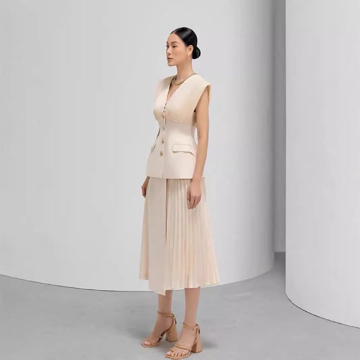 Elegant Beige Sleeveless Dress with Pleated Design and Gold Buttons