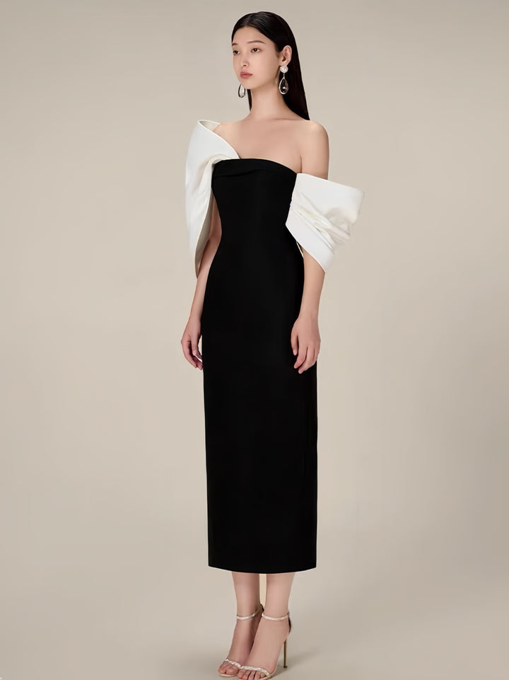 Elegant Bow-Sleeve Dress - Black