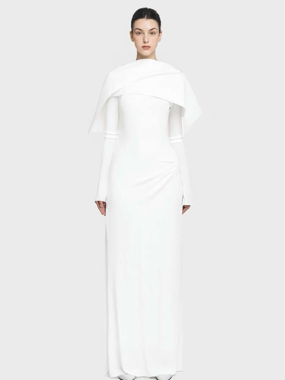 Elegant Long Evening Gown – Asymmetric Knit Formal Maxi Dress by Alex Evenings, Black and White, Long Sleeve Ball Gowne Style for Women
