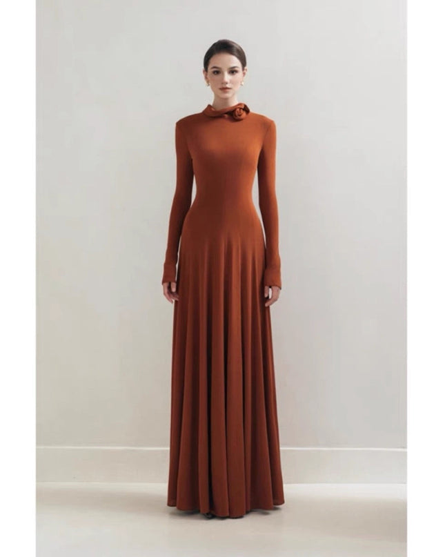 Long Sleeve Crepe Dress - Dusty Orange