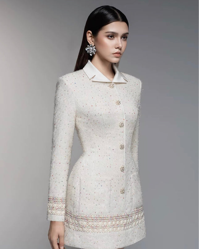 Lace-trimmed Flannel A-line Dress - White