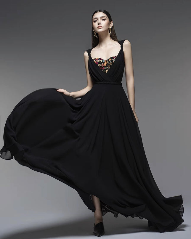 Black Petal Crepe Maxi Dress with Butterfly Embroidery