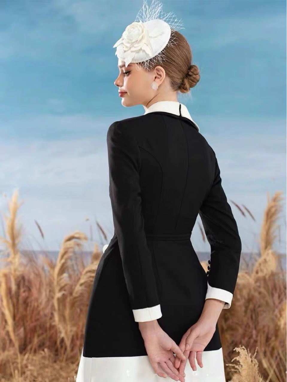 Embroidered applique a-line dress black and white color clash design asymmetric neckline dress sub