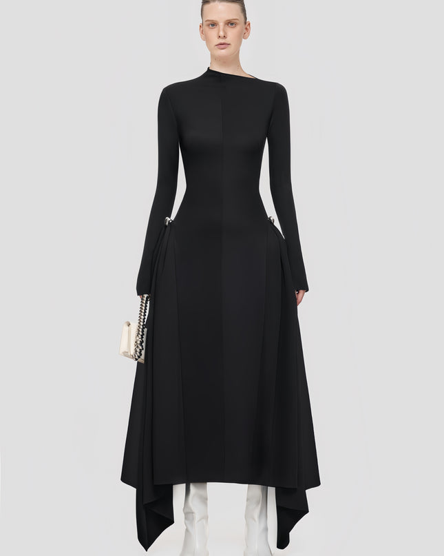 High-Waisted Asymmetrical Full-Sleeve Dress - Deep Green