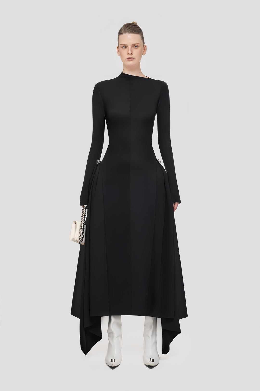 High-Waisted Asymmetrical Full-Sleeve Dress - Deep Green