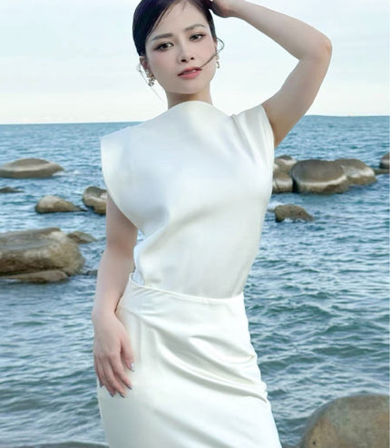Floral Short Sleeve Silk Dress - White