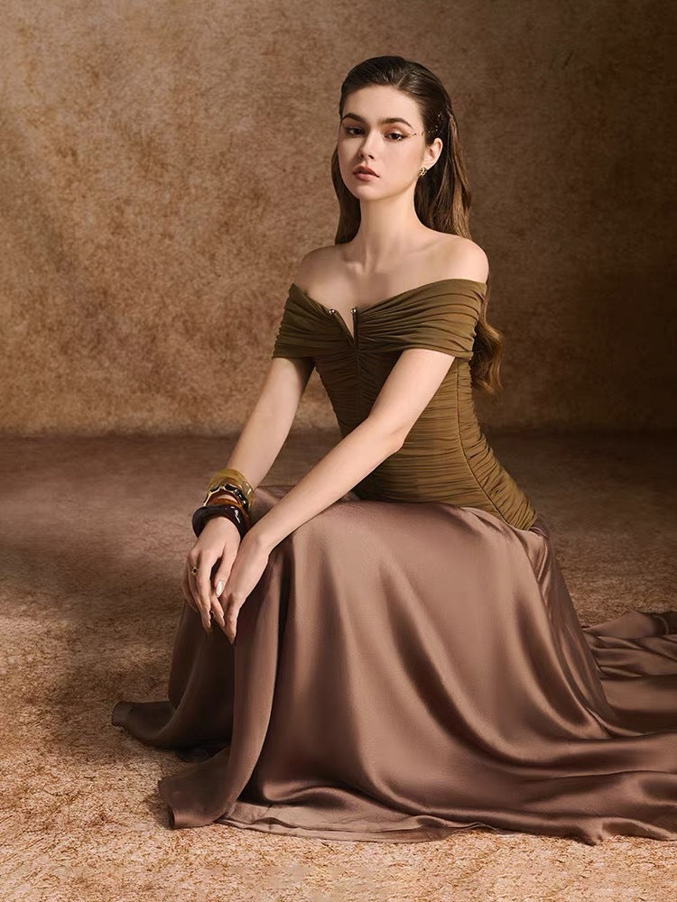 Elegant Beige Sleeveless Dress with Pleated Design and Gold Buttons