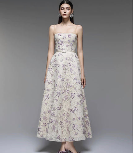 Off Shoulder Lace Flowy Dress - Lavender
