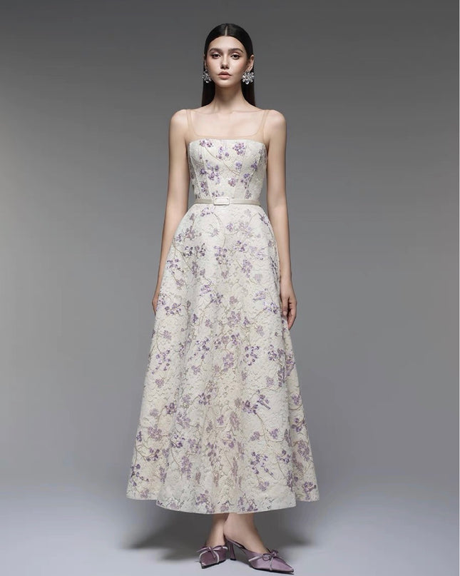Off Shoulder Lace Flowy Dress - Lavender