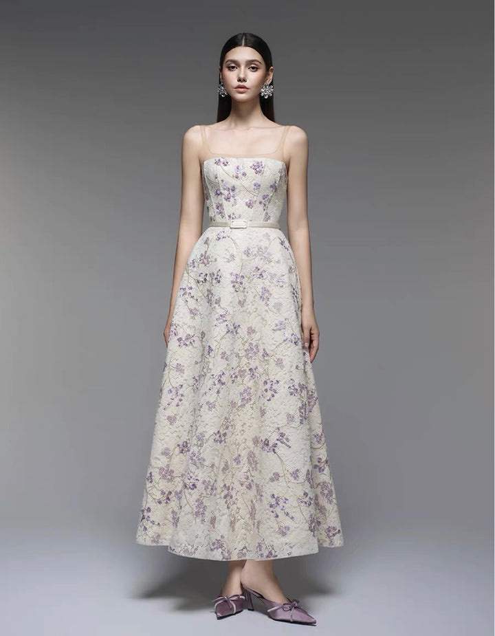 Off Shoulder Lace Flowy Dress - Lavender