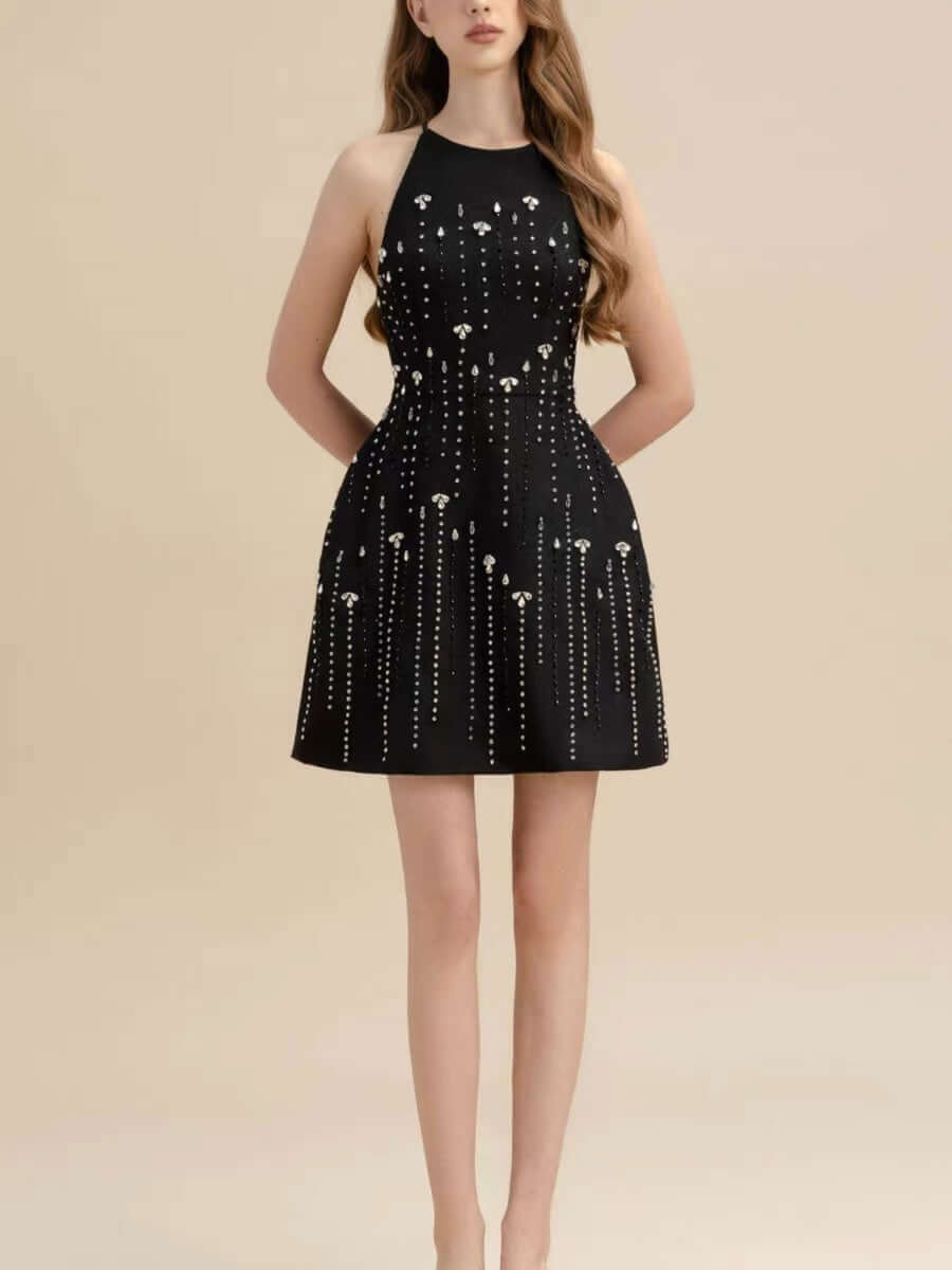 High Neck Starry Crepe Dress - Black