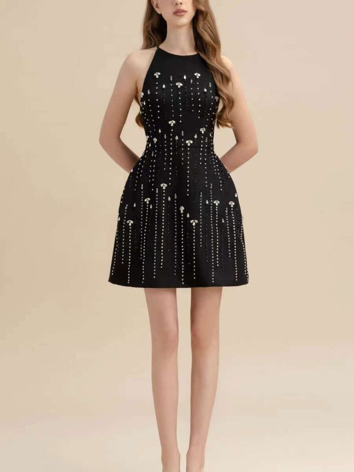 High Neck Starry Crepe Dress - Black