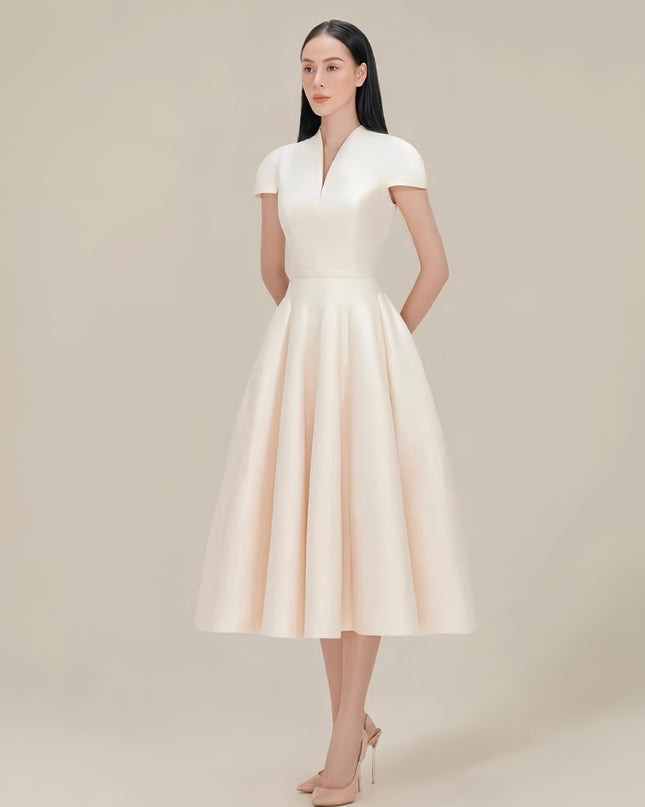 Cinched Crepe Pleated Dress - Champagne
