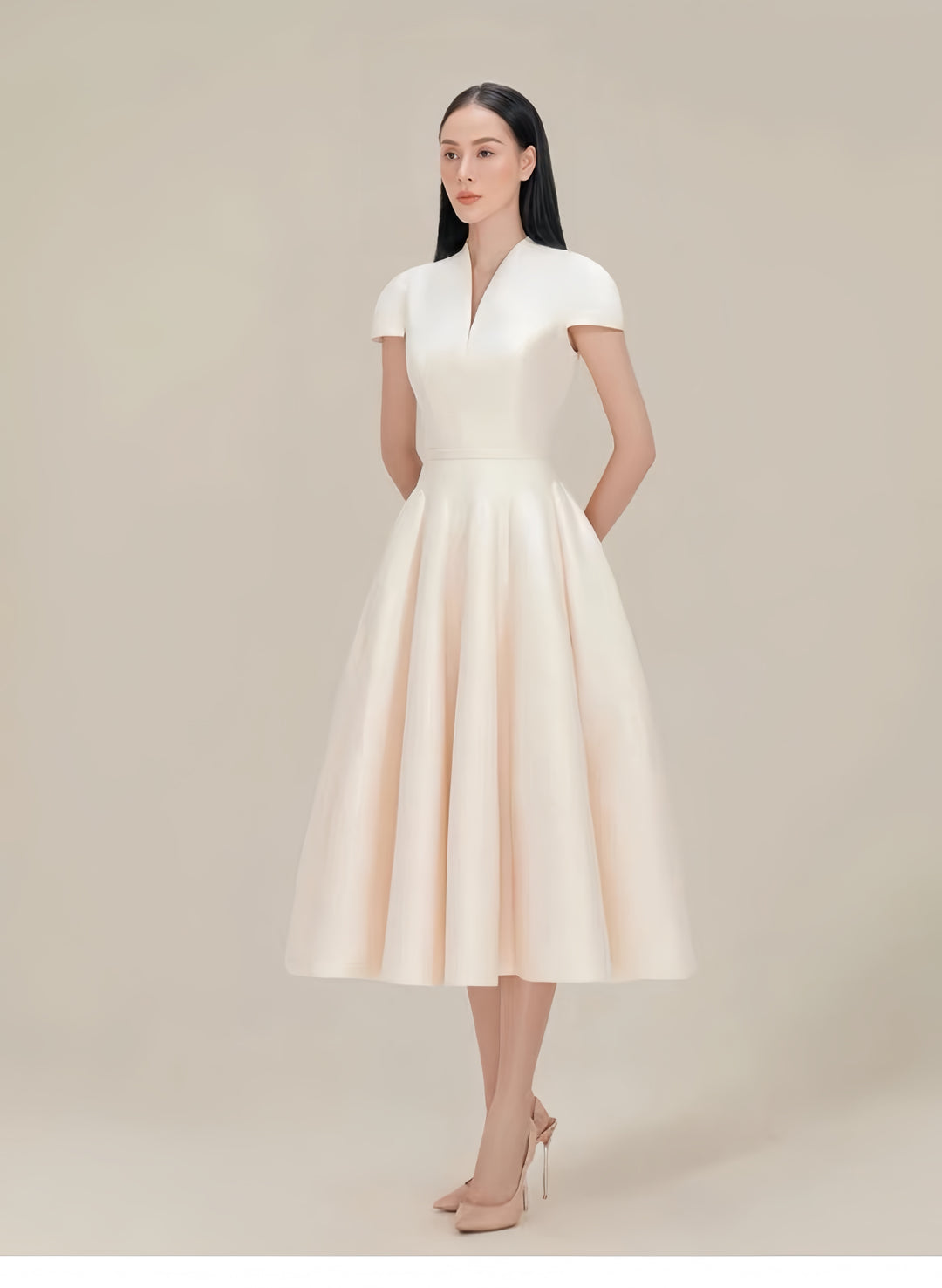 Cinched Crepe Pleated Dress - Champagne