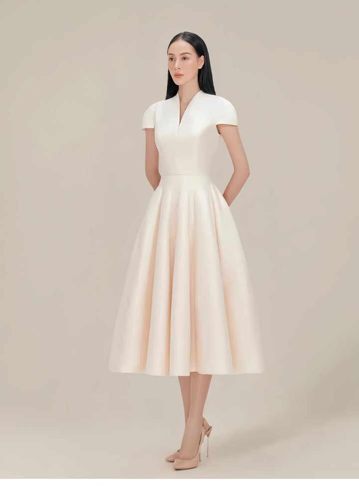 Cinched Crepe Pleated Dress - Champagne