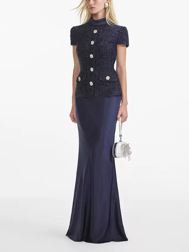 Navy Blue Tweed Satin Evening Dress | 2025 Spring New