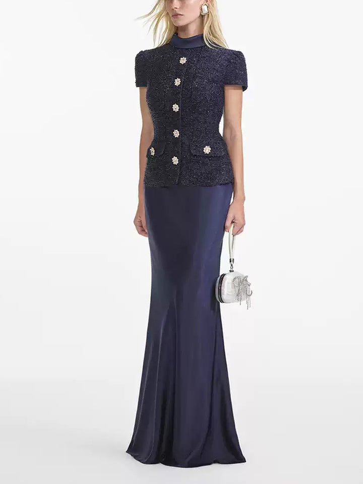 Navy Blue Tweed Satin Evening Dress | 2025 Spring New