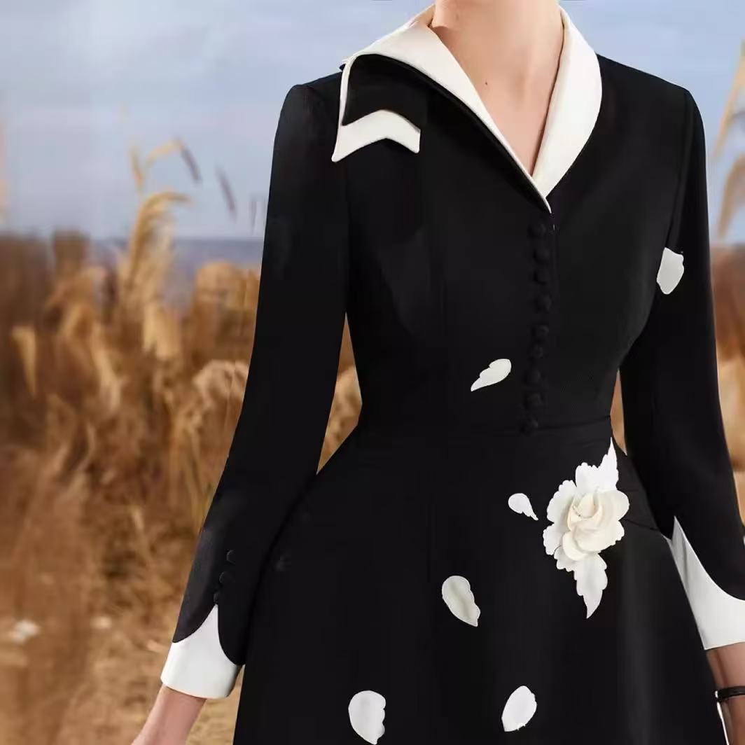 Embroidered applique a-line dress black and white color clash design asymmetric neckline dress sub